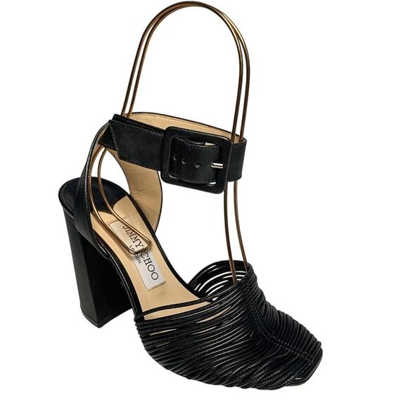 Jimmy Choo Baja 100 Black Leather Ankle Strap Sandal EU 37 Block Heel Square Toe - Picture 1 of 11